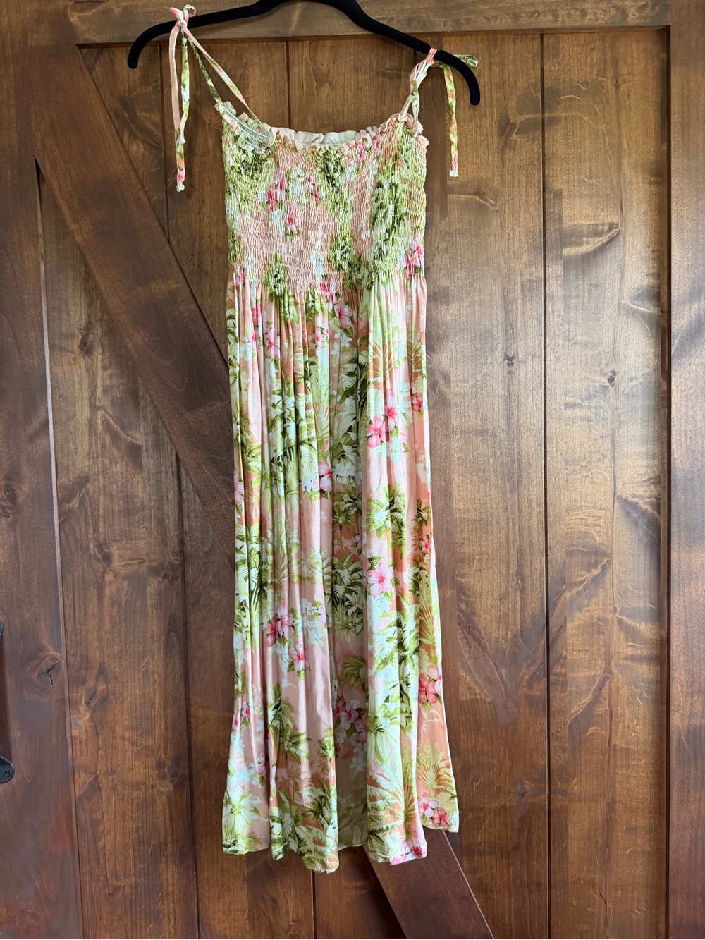 Puanani by RJC Hawaiian Floral Smocked Maxi Dress Peach Pink Green Size XL